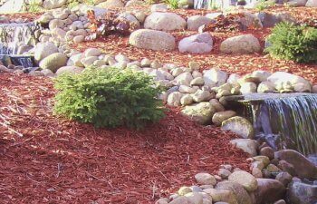 A garden with stone paths and a small waterfall