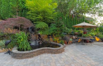 Hardscaped yard with a patio and water features.